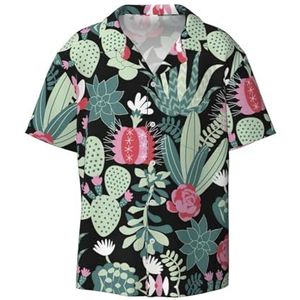 TyEdee Cactusprint Overhemden met korte mouwen voor heren, casual overhemd met knoopsluiting, zakelijk overhemd, Zwart, XXL