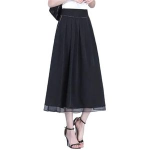 Hcclijo Dames elegante losse kanten A-lijn geplooide rokken hoge taille satijn zijde lange rok lange zwarte rok, Zwart 1, XL