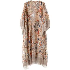 JAGETRADE Dames zomer halve mouw chiffon vest boho retro geometrische bloemen bedrukt franjes kwastjes patchwork bikini cover up enkellange kimono cape, Beige, Eén maat