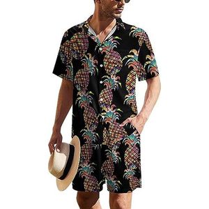 Psychedelic Pineapple Hawaiiaans pak voor heren, set van 2 stuks, strandoutfit, shirt en korte broek, bijpassende set