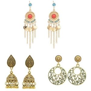 3 paar set oorbellen for vrouwen gouden zilveren legering klokvormige klokken parel kwastjes vintage Indiase sieraden (Color : Gold_Medium)
