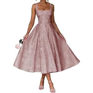 AHERKLL Spaghetti Bandjes Bruidsmeisjes Jurken Bloemen Satijn Jacquard Formele Avond Feest Maxi Jurk Thee Lengte HAH047, Stoffige Roos, 32