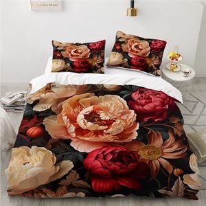 Luowei Beddengoed 200 x 200 cm, bloemenmotief, roze en rood, bloemen, beddengoed, 3D, esthetisch, zacht, behaaglijk, microvezel, 3-delig met ritssluiting en 2 kussenslopen van 80 x 80 cm