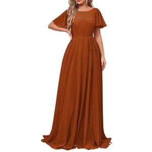 Damesjurken met korte mouwen, lange bruidsmeisjesjurk, chiffon, formele avondjurken met zakken, Verbrand Oranje, 34