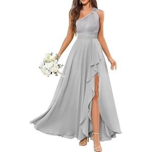 HPPEE Avondjurk met één schouder voor dames, met split en ruches, mouwloos, chiffon, formele avondjurk, Zilver, 32
