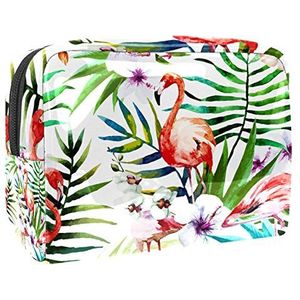 Draagbare make-up tas met rits reizen toilettas voor vrouwen handige opslag cosmetische zakje tropisch wit blad Flamingo