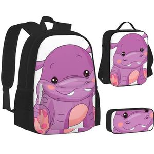 SUHNGE Rose Print Schooltas 3 Stuks Set Wandelen Lichtgewicht Laptop Rugzak Etui Lunch Tas, Cartoon Paars, Eén maat