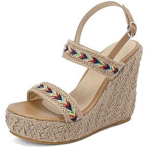Wedgesandalen Voor Dames, 4,7 Inch Superhoge Hak Stro Platform Sandalen, Retro Open Teen Enkelband Zomer Damesschoenen(48 EU)