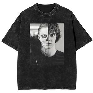 Evan Actor Peters T-shirt Washed Vintage Shirt Print Crewneck Top Tee Korte Mouw T-shirt voor Mannen Vrouwen 5 Maten, Zwart, L