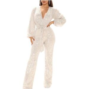 LoprNsdgt Clubwear Sexy Jumpsuit Voor Dames Met Strik Aan De Voorkant, Lange Mouwen, Pailletten, Effen, Wijde Broekspijpen Romper,Wit,L