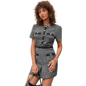 jurken voor dames Tweed-jurk met contrasterende rand en knopen aan de voorkant - Elegante mini-jurk met korte mouwen (Color : Dark Grey, Size : Small)