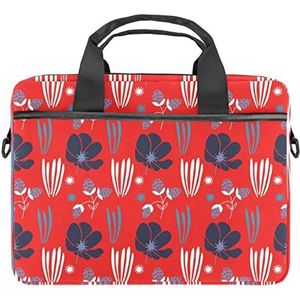 Blauwe Aardbei Bloemen Rode Achtergrond Laptop Schouder Messenger Bag Crossbody Aktetas Messenger Sleeve voor 13 13.3 14.5 Inch Laptop Tablet Beschermen Tote Bag Case, Meerkleurig, 11x14.5x1.2in /28x36.8x3 cm