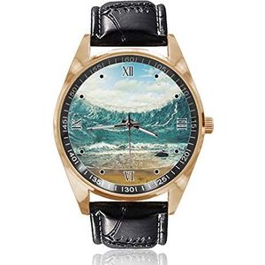 Crazy Waves polshorloge Analoge Quartz Gouden Wijzerplaat Klassieke LeatherBand vrouwen herenhorloge, Goud, 1.6""x1.6""x0.15"" inch, riem