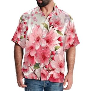 Hawaïaans overhemd voor heren, button-down strandshirt, casual shirt met korte mouwen, kersenbloesems, roze patroon