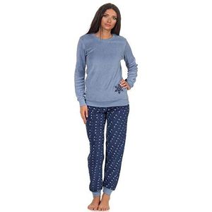 Normann Wäschefabrik - Dames Badstof Pyjama - Blauw - Lange Mouwen - Met Manchetten