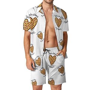 I Love Pizza Heart Hawaiiaanse bijpassende set voor heren, 2-delige outfits, overhemden en shorts met knopen voor strandvakantie
