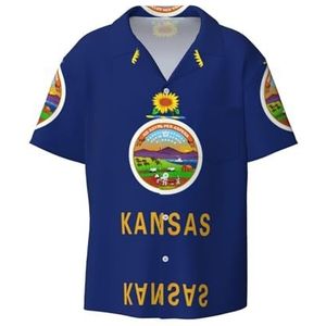 TyEdee Kansas State Flag Print Heren Korte Mouw Overhemden met Zak Casual Button Down Shirts Business Shirt, Zwart, XL
