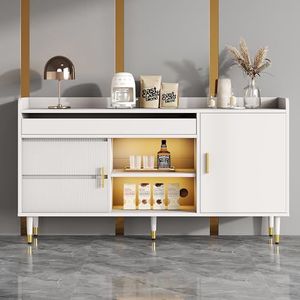 Dressoir met glazen schuifdeuren en ledverlichting, vrijstaande commode van hout, buffetkast, keukenmeubel, elegant houten dressoir, wit, B140/D38/H76