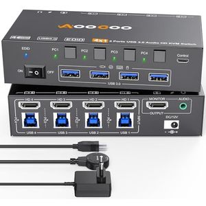 KVM Switch HDMI 8K @60Hz/4K @144Hz, HDMI KVM Switch voor 4 computers die 1 monitor en 4 USB 3.0-apparaten delen, ondersteunt EDID, kabelafstandsbediening en USB-kabel inbegrepen