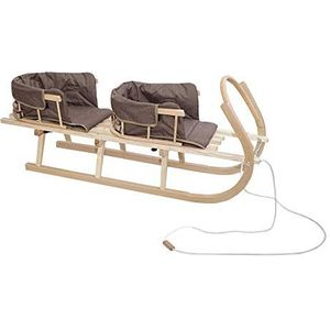 Slee duo van hout, houten slee voor twee kinderen met twee rugleuningen, rodelen, Davos slee van hout met een veiligheidsgordel, rugleuning, matras voor kinderen en volwassenen (bruin)