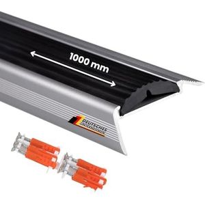 Floordirekt Traprandprofiel, geperforeerd, van aluminium, met antislip rubber, randbescherming voor laminaat, parket, traprandprofiel, traprandprofiel, hoekprofiel, zwart, 100 cm