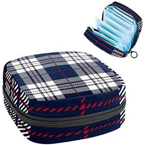 Marineblauw wit ruitjes geruite patroon print periode tas voor tiener meisjes vrouwen dames, maandverband opbergtas met rits nylon draagbare opslag menstruatiepad tas