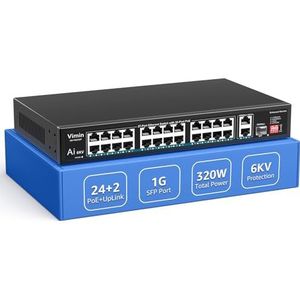 VIMIN 24 haven 10/100Mbps Fast Ethernet PoE Schakelaar+2 Uplink Gigabit Havens+1 SFP, 27 haven Onbeheerde Schakelaar Gigabit tot 30W, Totaal Budget 300W, VLAN, Steun IEEE802.3af/at