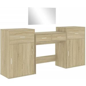 vidaXL 4-delige Kaptafelset bewerkt hout sonoma eikenkleurig, make-uptafel, kap tafel, make up tafel, make-up tafel, kaptafeltje, toilettafel