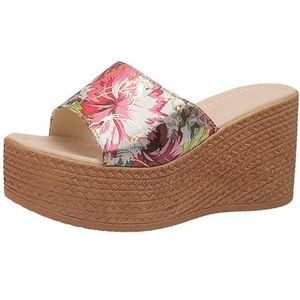 Damesplatformpantoffels Vintage Sleehakpantoffels Met Bloemmotief Zomerpeeptoe-pantoffels Elegante Bruidssandalen Vrije Tijd Boho Strandschoenen (Color : Green, Size : 42 EU)