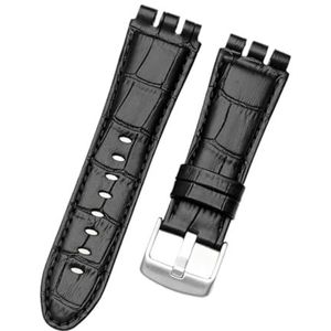 LQXHZ Compatibel Met Swatch Horlogeband 23 Mm Nieuwe Hoge Kwaliteit Heren Zachte Waterdichte Lederen Horlogeband Bandjes Zwart Bruin Koeienhuid Armband (Color : A Black, Size : 23mm silver clasp)