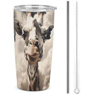 AQRJLPM Giraffe in the Clouds autobeker, roestvrijstalen beker met rietje en deksels, lekvrij, geïsoleerd, roestvrij staal, reisbeker, geschikt voor koude warme dranken op de camping