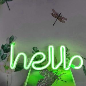 LIQS LED Neon Teken, Neon Teken Nachtlicht Muur LED Neon Lamp USB Batterij Aangedreven Led Neon Licht Teken voor Thuis Slaapkamer (hello, Groen)