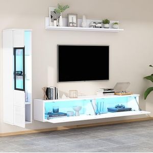 Aunvla Tv-woonwandset, 3-delig, led-verlichting, hoogglans, wit, woonkamermeubelset, frontale woonwand, wit, 1 x tv-kast, 1 x woonkamervitrine, hangrek