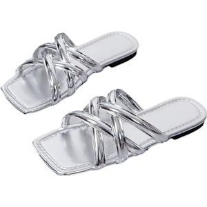 2024 Nieuwe Platte Slippers Damesmode PU Lakleer Slippers Zomer Peep Toe Slippers Effen Kleur Slippers Met Vierkante Neus Vrijetijdsstrandschoenen (Color : Silver, Size : 37 EU)