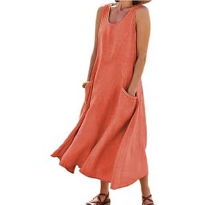 HHuiXinXue Mouwloze maxi-jurk voor dames, zomer, effen kleuren, linnen, lange jurk, modieus, vloeiende, etno-jurk met zakken, Oranje, S