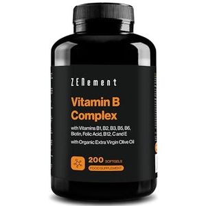 Vitamine B Complex – Betere Opname met Biologische Extra Vierge Olijfolie – Met Vitamines B1, B2, B3, B5, B6, B9, B12, Biotine, C en E – 200 Zachte Capsules – Zenement