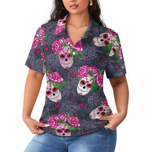 Rose Flower Day of The Dead Sugar Skull Dames Sport Shirt Korte Mouw Tee Golf Shirts Tops Met Knopen Workout Blouses