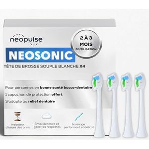 NEOPULSE® - Set van 4 witte nylon zachte borstelkoppen voor NEOSONIC® Sonische Elektrische Tandenborstel - Compatibel met NEOKIDS® - 3D: Korte en lange borstelharen - Slijtage-indicator