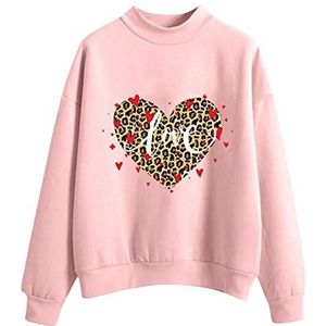 Sweatshirt met ronde hals voor dames en heren, herfst en winter, casual hoodie, sweatshirt, schattig bedrukt, ronde hals, lange mouw, roze, S