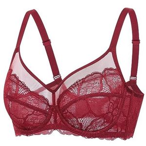 DOBREVA Dames Kant Minimizer BH met beugel Grote Borsten Sexy Volledige cups Ongevoerd Chinees rood 70G