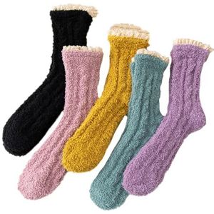 yeeplant Pluizige warme sokken met ruches, 5-pack zachte dikke winter elastische pluizige damessokken effen kleur rekbaar comfort, Meerkleurig, one size