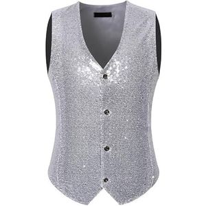 ULPUDFAO Formeel Kostuumvest, Heren Glanzend Pailletten Pak Effen Kleur Enkelrijs Glitter Mouwloos Disco Dans Slim Fit Party Club Bruiloft Vrijetijdsjas Top Voor Heren Zilver M
