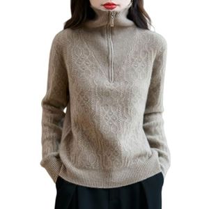 Kasjmiertrui for Dames Met Rits Gebreide Trui Met Lange Mouwen En Opstaande Kraag Zachte Herfst-wintertrui Elegante Effen Gebreide Trui Lichtgewicht Warme Buitenkleding for Buiten(XL)