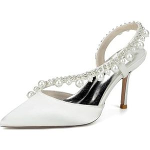 KYEGLO Satijnen Damessandalen Met Spitse Neus En Riempje - Gesloten Neus, Naaldhak Met Strass En Parel, Feestelijke Bruiloftsschoenen, Cadeaus Voor Vrouwen,ivoor,36 EU