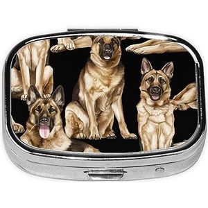 Mini vierkante pillendoos, medicijnorganizer, Duitse herdershond, draagbare EHBO-doos, reispillendoos met 2 vakken, kleine pillendoos voor zak of portemonnee