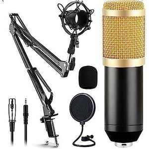 Geluidskaartset, Condensatormicrofoonset met (optioneel) live geluidskaart, metalen schokdemper en dubbellaags popfilter for live podcasting(Style A Gold)