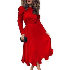 Elegante Tweedelige Dames Outfit Mock Neck Lange Pofmouwen Shirt Top En Hoge Taille Geplooide Maxirok Mit Ruches Aan De Zoom (Color : Red, Size : M)