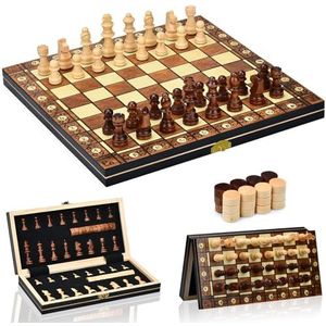 Aissom Internationaal Schaken XQ1 Houten schaakspel, 2 in 1 schaakspel, magnetisch schaakspel met opbergruimte, opvouwbaar voor feest, familieactiviteiten, reisschaak, kinderschaakspel (29 x 29 cm)