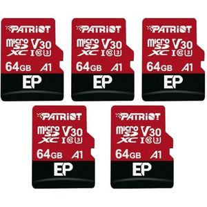 Patriot Memory 64GB A1 / V30 Geheugenkaart voor Android-telefoons en -tablets, 4K video-opname - Pakket van 5