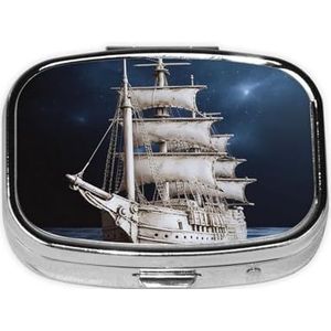 Kleine Pillendoos Draagbare Pillendoosje 2 Compartimenten Metalen Pil Vitaminen Houder Organizer Leuke Vintage Nautische Witte Schip Reizen Pillendoos voor Portemonnee Pocket